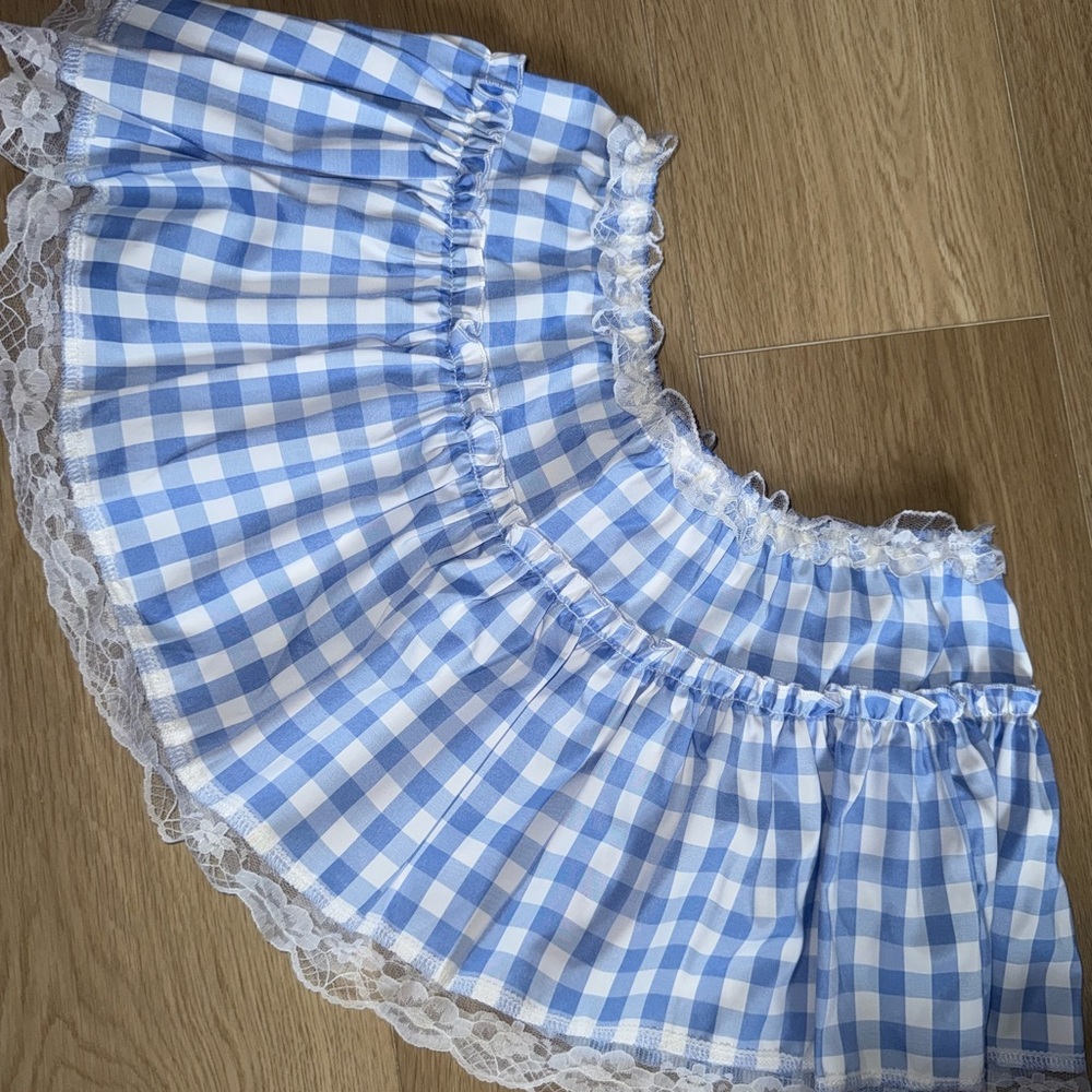 Iefiel - blue and white checkered skirt with lace trim #cottagecore #fairycore